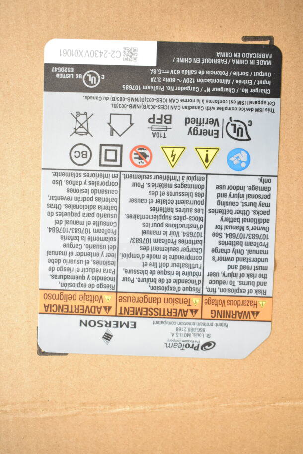 Label for ProTeam GoFit® 6 Cordless Backpack Vacuum with safety warnings and specifications. Model 107787.