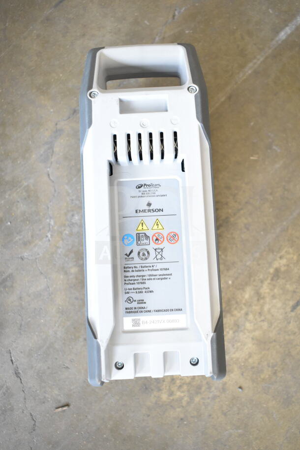"Brand new ProTeam GoFit 6 107787 backpack vacuum battery. Li-ion, 54V, 8.0Ah, 432Wh. Scratch and dent. Labels and warnings visible."