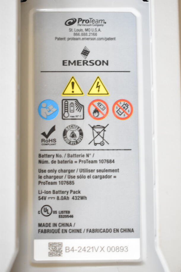 Label details on ProTeam GoFit® 6 vacuum Li-ion battery pack, 54V, 8.0Ah. Includes safety icons, RoHS mark, model 107684.