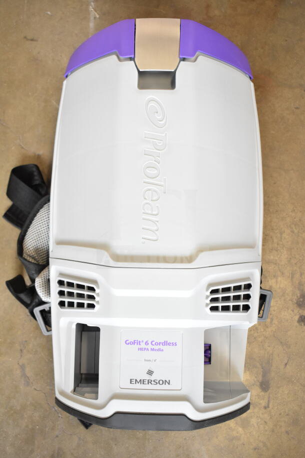 BRAND NEW ProTeam GoFit® 6 Qt. Cordless Backpack Vacuum, model 107787, with Xover Wand Kit. Slight scratches, 8.0 Ah battery, HEPA Media.