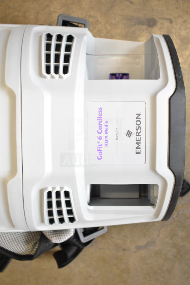 BRAND NEW ProTeam GoFit® 6 Quart Cordless Backpack Vacuum, 8.0 Ah, with visible Emerson label and HEPA filter marking.