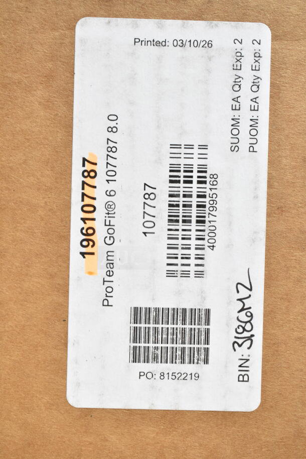 Label for ProTeam GoFit® 6 cordless vacuum with model 107787, showing barcode, PO number 8152219, and BIN 318CM2.