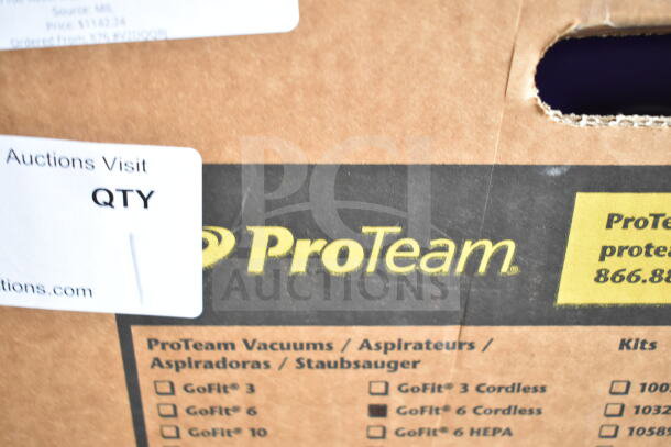 Cardboard box for ProTeam GoFit® 6 cordless backpack vacuum, showing brand name and product information labels.