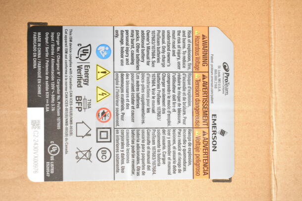 Label of ProTeam GoFit® 6 Cordless Backpack Vacuum, showcasing safety warnings, energy verification, and manufacturer details.