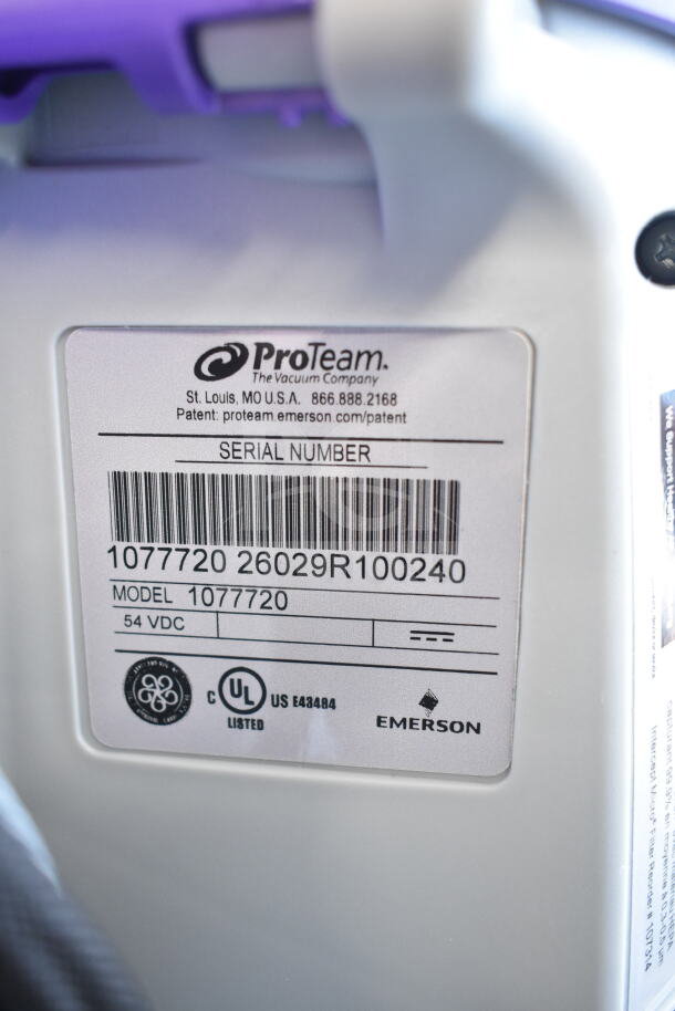 Label on ProTeam GoFit 6 vacuum showing model 1077720, serial number, 54 VDC, and certification marks.