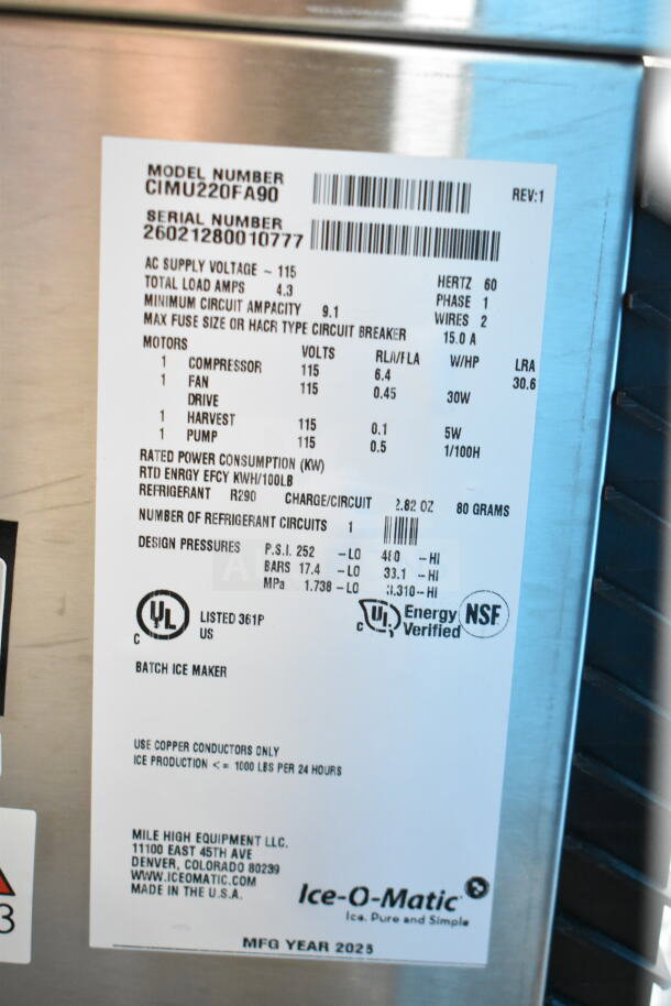 BRAND NEW Ice-O-Matic CIMU220FA90 undercounter ice machine, 223 lb. capacity, 74 lb. bin, 115V, labels show specs and UL/NSF ratings.