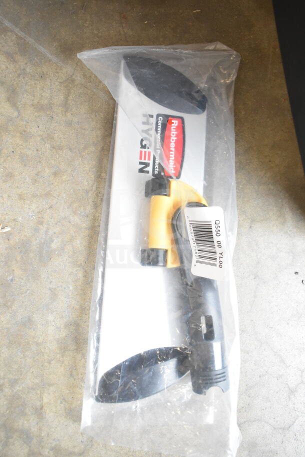 Rubbermaid Hygen mop handle sealed in plastic. Product label with barcode visible.