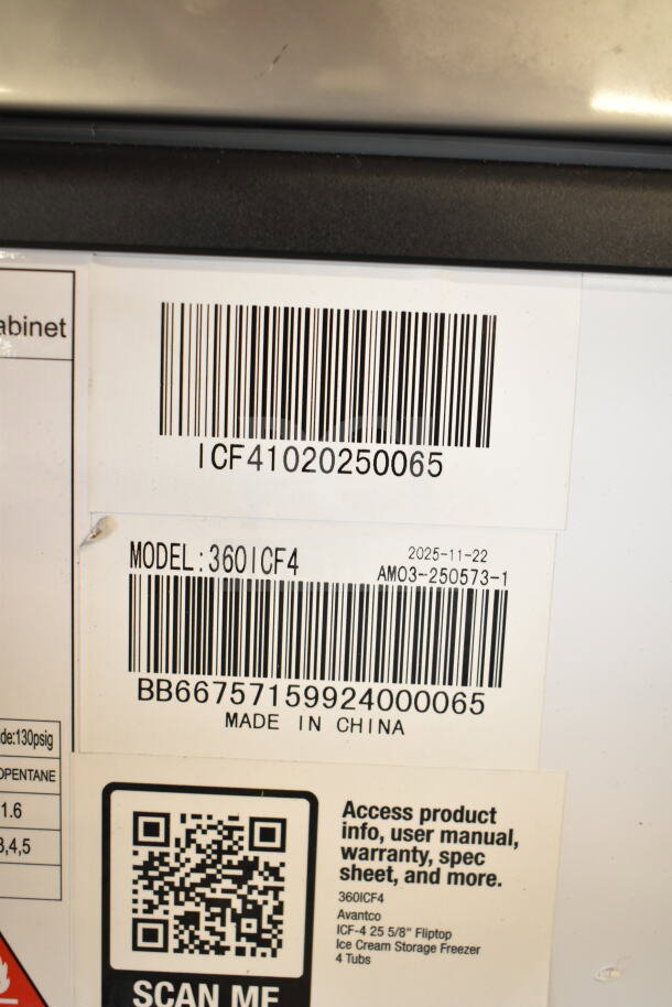 Avantco 360ICF4 ice cream freezer barcode and QR code label, showing model number and "Made in China".
