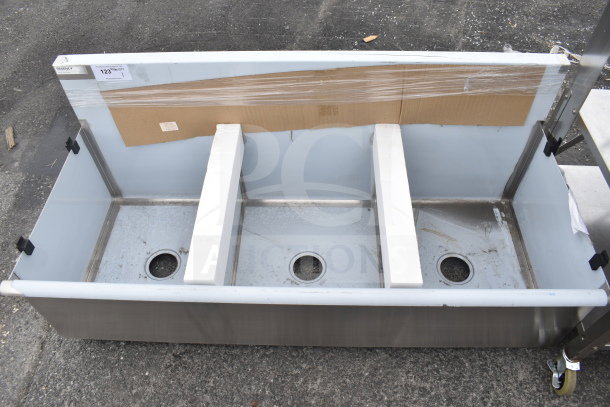 Regency 600S31821SB 54" three-compartment utility sink, 18"x21"x13" bowls, stainless steel, tag reads "123", no legs included.