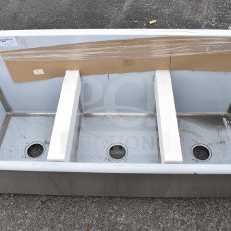 Regency 600S31821SB 54" three-compartment utility sink, 18"x21"x13" bowls, stainless steel, tag reads "123", no legs included.