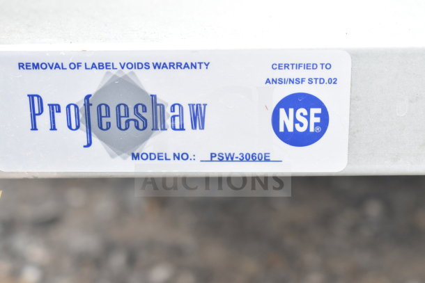 BRAND NEW Profeeshaw PSW-3060E Table, scratch and dent, with under shelf. NSF certified. Label indicates model and warranty info.