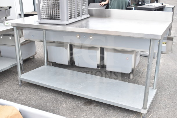 BRAND NEW SCRATCH AND DENT Regency 600TB3072G table with under shelf, stainless steel, minor surface scratches, sturdy construction.