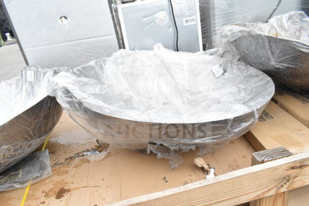 6 brand new scratch-and-dent items, including 30" carbon steel Cantonese wok, stainless steel tables, wrapped and on pallets.