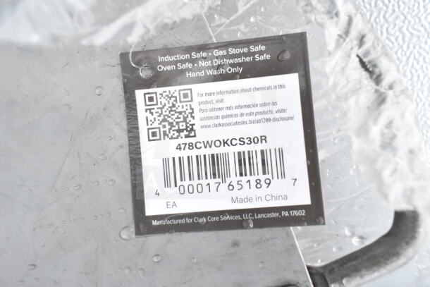 Label on 478CWOKCS30R Emperor's Select 30" Cantonese Wok. Shows safety instructions and product code. Made in China.