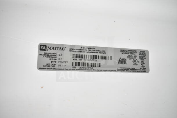 Maytag M1TXEGMYW01 cooler with freezer, 115V, 1 phase. Tag shows model, type 21MTFA, serial VS40579384, made 01-14.