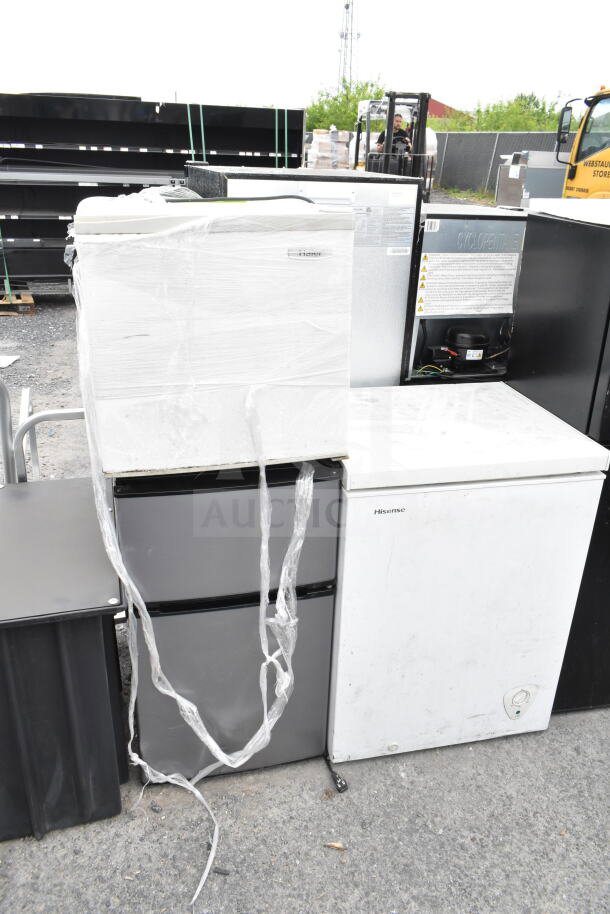3 items: Haier mini cooler wrapped in plastic, Mainstays mini cooler below, and Hisense chest freezer. 120V, 1 phase.