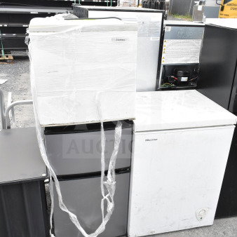 3 items: Haier mini cooler wrapped in plastic, Mainstays mini cooler below, and Hisense chest freezer. 120V, 1 phase.