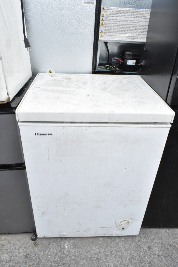 Lot of three items: Haier and Mainstays mini coolers, Hisense chest freezer. Used condition, 120V, 1 Phase. Auction: 3x bid.