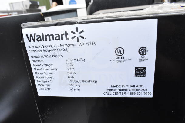 Five mini coolers, brands include Galanz and Igloo. 115V, 1 phase. Label details 1.7 cu.ft., 60Hz, 0.85A, 85W, R600a refrigerant.