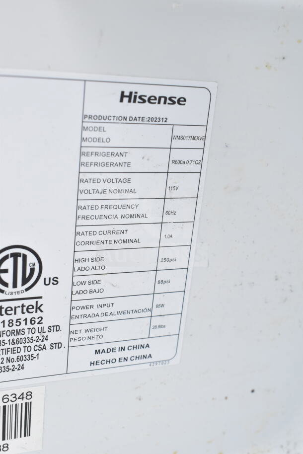 Hisense mini cooler label showing model WMS017M6XVE, 115V, 60Hz, R600a refrigerant, made in China.
