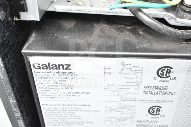 Galanz refrigerator model GLR31TS1E02 label, 3.1 cu. ft. capacity, 120 VAC, 60 Hz, for auction with two other appliances.