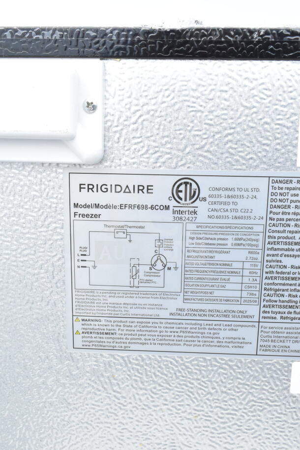 Frigidaire Freezer label showing model EFRF698-6COM, 115 volts, with specifications and warnings.