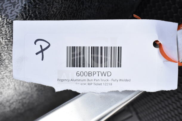Barcode label for Regency 600BPTWD Aluminum Bun Pan Truck, fully welded, with source "RIP Ticket 12218."