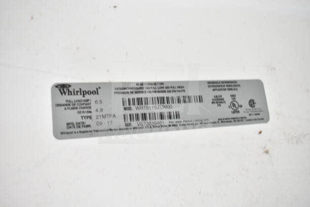Label of Whirlpool WRT511SZDM00 cooler, includes model info, serial number, and manufacturing date 09-17.