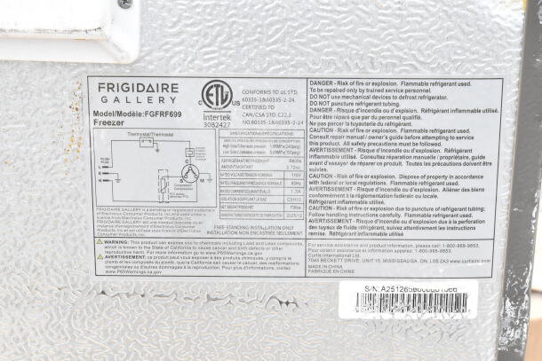 Frigidaire Model FGRF699 freezer label, detailing specs like 115 volts, refrigerant type, 1 phase. Includes safety warnings.