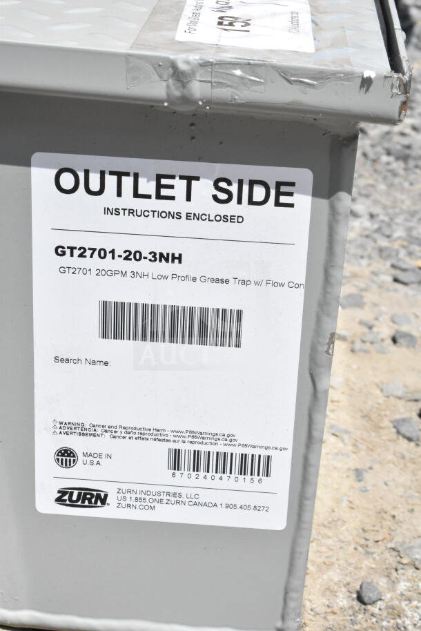 Brand new Zurn Elkay GT2701-20-3NH grease trap, 40 lb. capacity, 20 GPM, low-profile, 3" no-hub connections, visible label.