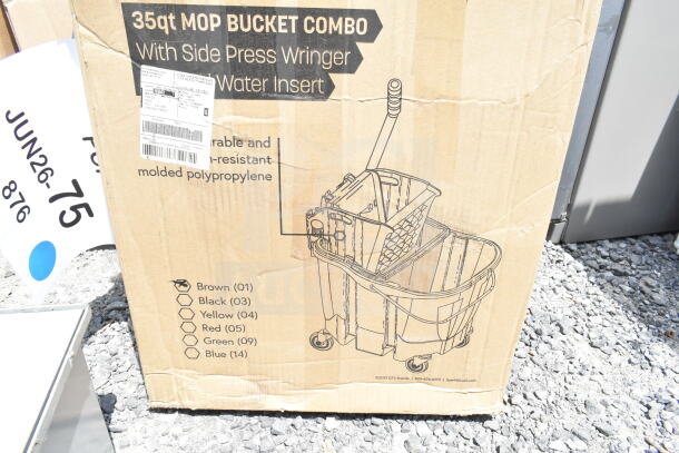 BRAND NEW Carlisle OmniFit™ 35 Qt. Brown Mop Bucket with Side Press Wringer and Soiled Water Insert, minor scratches.