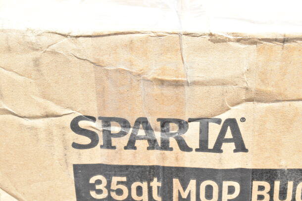 Cardboard box labeled "SPARTA 35 qt MOP BUCKET," showing wear. Contains a Carlisle OmniFit™ 35 Qt. Brown Mop Bucket, new.