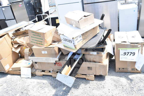 Collection of 18 new scratch and dent items, including a speed rail, canopy tent, and serving trays. Various boxes shown.
