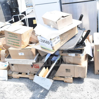 Collection of 18 new scratch and dent items, including a speed rail, canopy tent, and serving trays. Various boxes shown.
