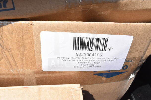Cardboard box with label for Vollrath Super Pan, Full Size 4" Deep Anti-Jam 22 Gauge, priced at $173.88.