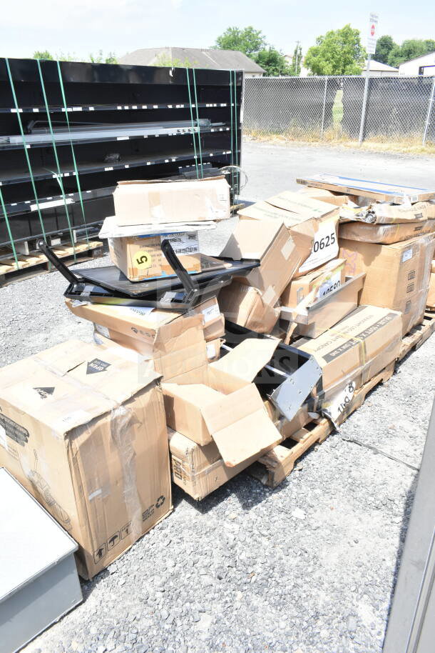 Auction lot of 18 brand new scratch and dent items including a Speed Rail, canopy tent, and serving trays in boxes.