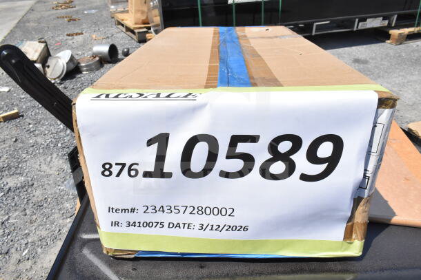 Box labeled 87610589 containing 18 brand new scratch and dent items, including a speed rail and canopy tent. Item #: 234357280002.