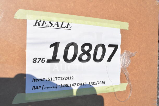 Cardboard box with label stating "RESALE" and item number "10807." Includes item and RA number details. 