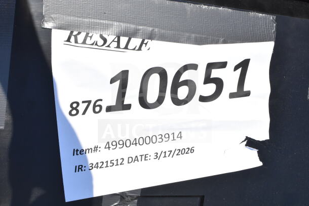 Set of 18 new scratch and dent items including speed rail, canopy tent, and serving trays. Item# 499040003914, resale label.