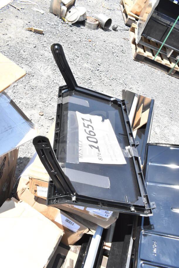 18 brand new scratch and dent items with black serving trays and Speed Rail visible; includes canopy tent.
