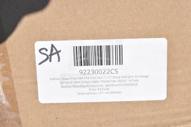 Cardboard box with label for Vollrath Super Pan V, full size 2.5" deep, anti-jam, stainless steel, model 30022, 6 per case.
