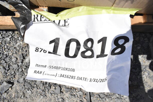 18 brand new scratch and dent items including speed rail, canopy tent, serving trays; item label shows "10818".