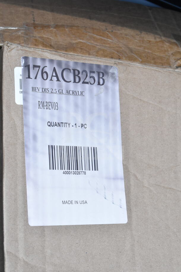 Cardboard box with a label indicating "176ACB25B," "BEV DIS 2.5 GL ACRYLIC," and barcode. Made in USA. Scratch and dent condition.