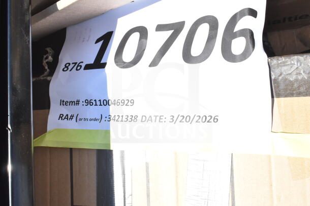18 new scratch and dent items including speed rail, canopy tent, serving trays. Tag shows item #96110046929, RA#3421338.