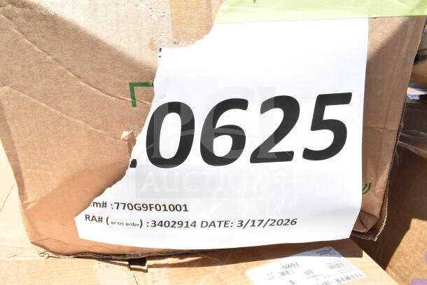 Cardboard box label shows number 0625 with details: serial 770G9F01001, RA 3402914, date 3/17/2026.