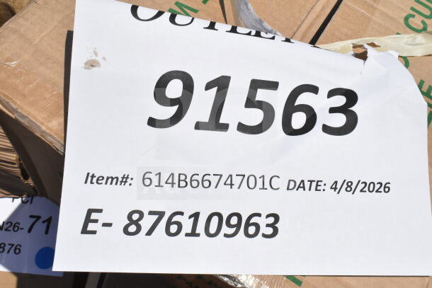 Label showing auction lot number 91563, item#: 614B6674701C, date 4/8/2026; part of 18 scratch and dent items.