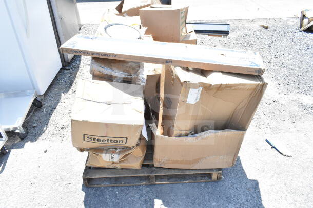 Pallet with 8 brand new scratch and dent items, including Steelton meat trays and a horizontal shed shelf kit.