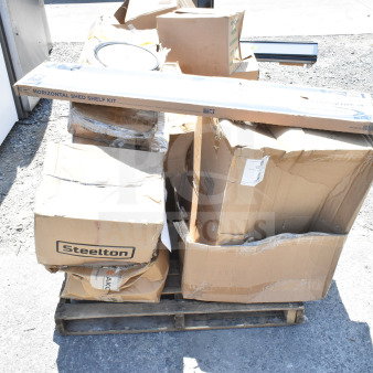 Pallet with 8 brand new scratch and dent items, including Steelton meat trays and a horizontal shed shelf kit.