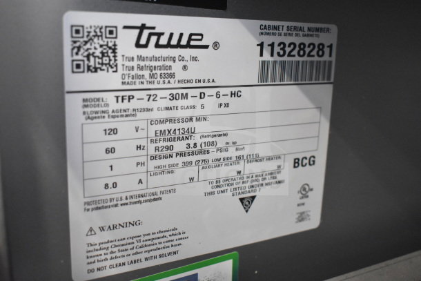 BRAND NEW True TFP-72-30M-D-6-HC Refrigerated Sandwich Prep Table, 6 drawers, 115V, energy-efficient, perfect for commercial use.