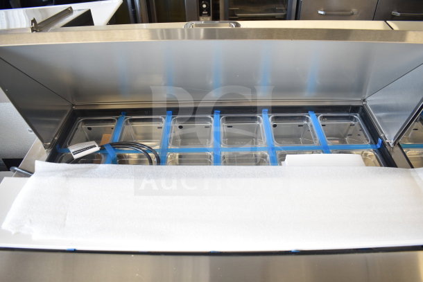Brand new True TFP-72-30M-D-6-HC refrigerated sandwich prep table, with six drawers, stainless steel, 115V, 1 phase.